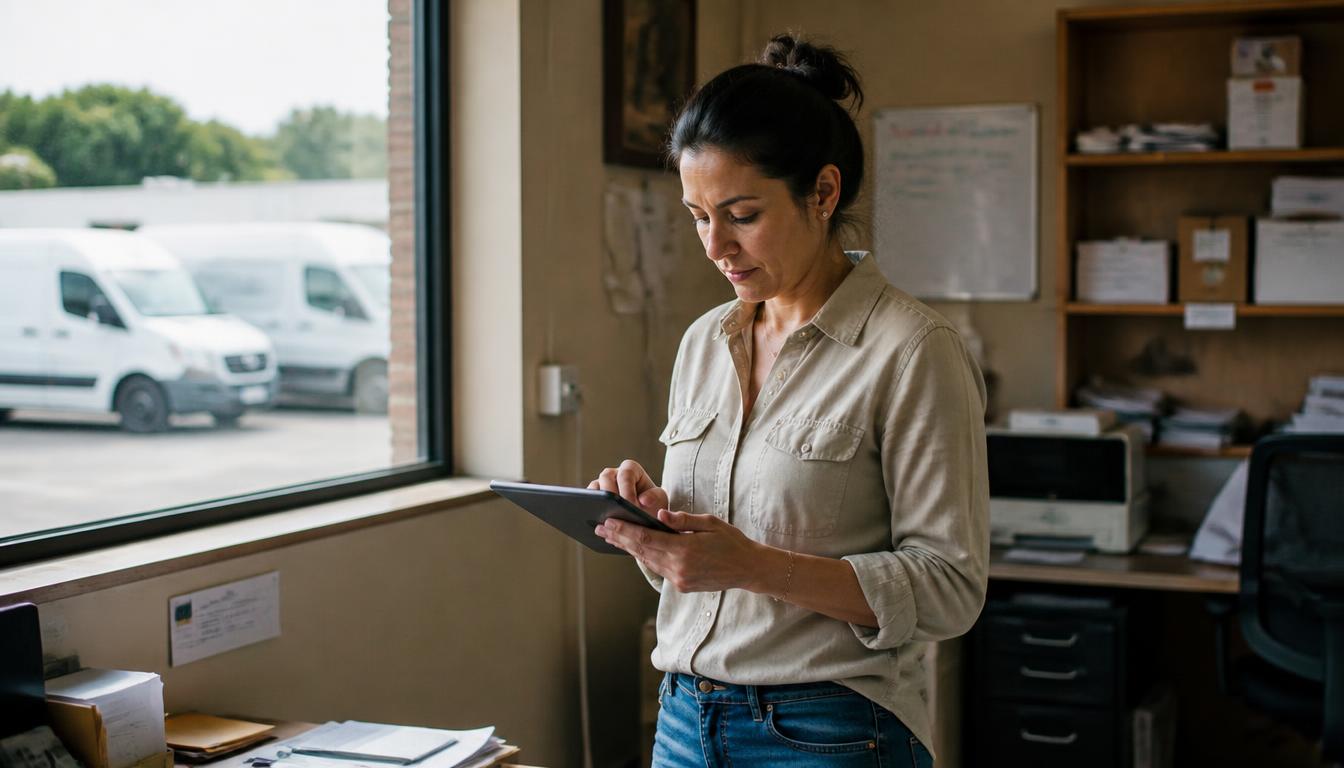 A woman fleet owner checking a tablet in her small transport office with delivery vans outside