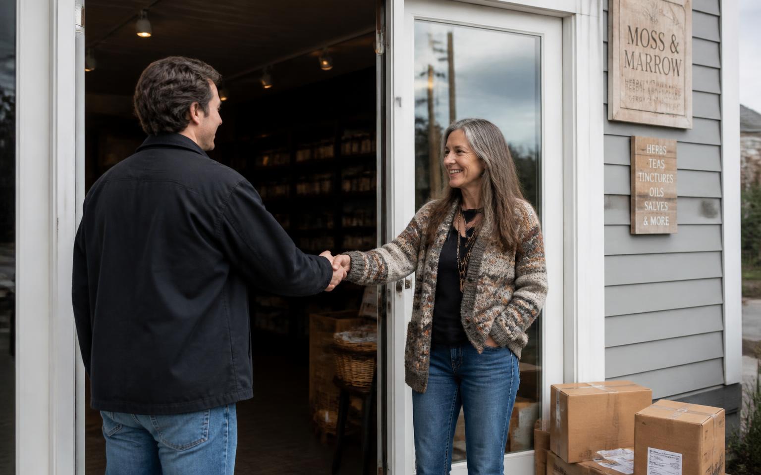 A business owner shaking hands with the new buyer at the door of her shop