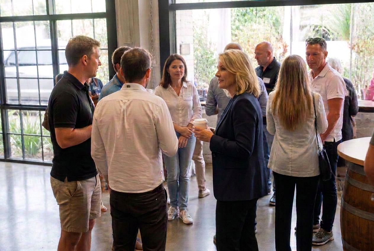 Advisors and business owners, men and women, talking over coffee at a daytime networking event
