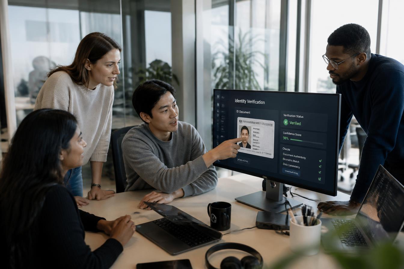 A mixed tech team collaborating around a monitor showing identity verification software