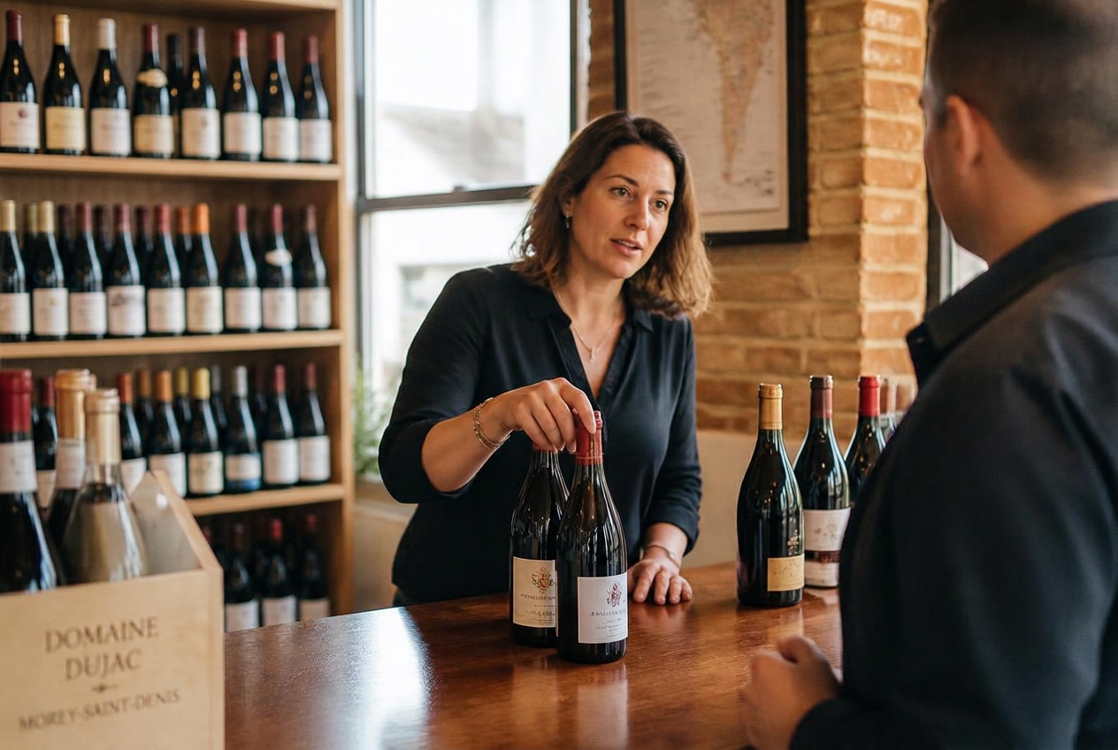 A wine merchant arranging bottles and speaking with a colleague in a premium wine tasting room